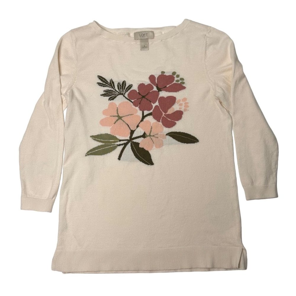 Loft Sweater Preppy Casual Soft Lightweight Floral Embroidered Cotton Small